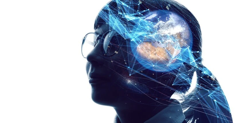 Woman with digital brain visualization