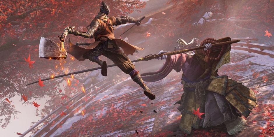 Two samurai duel with swords midair