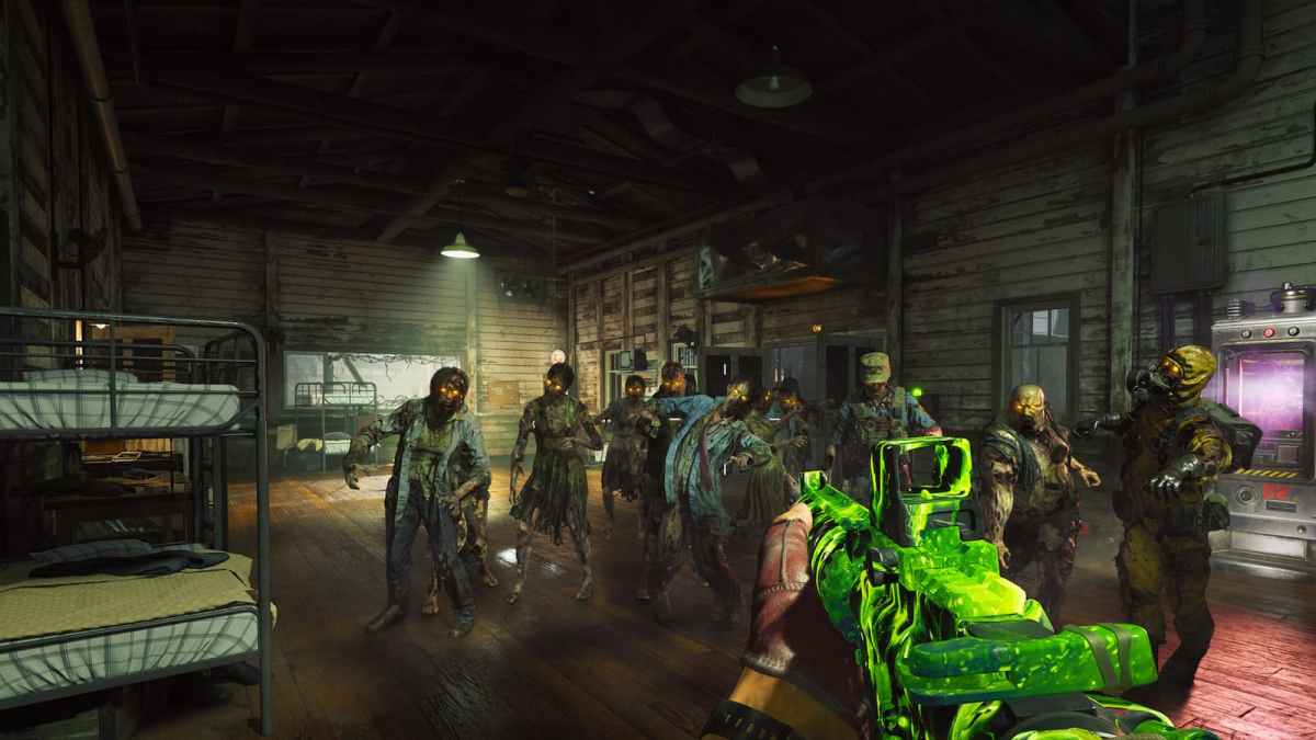 Zombies inside a dark warehouse setting