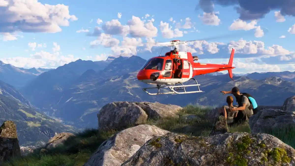 Helicopter soaring above mountainous terrain