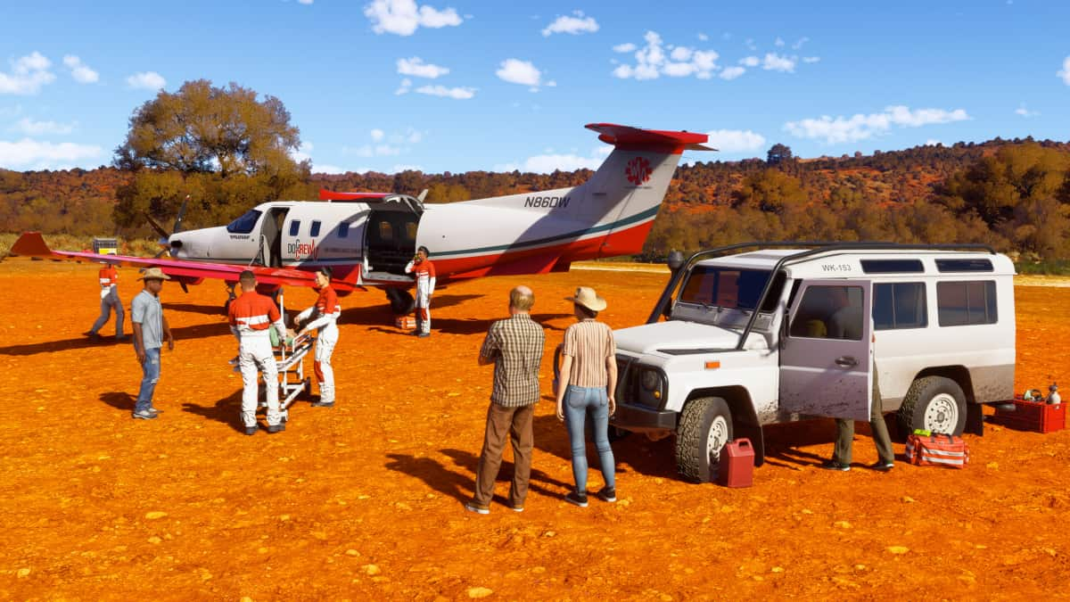 Airplane surrounded by emergency medical personnel