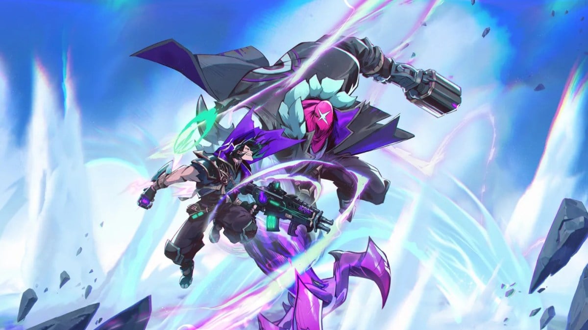 Two hunters on purple-blue background