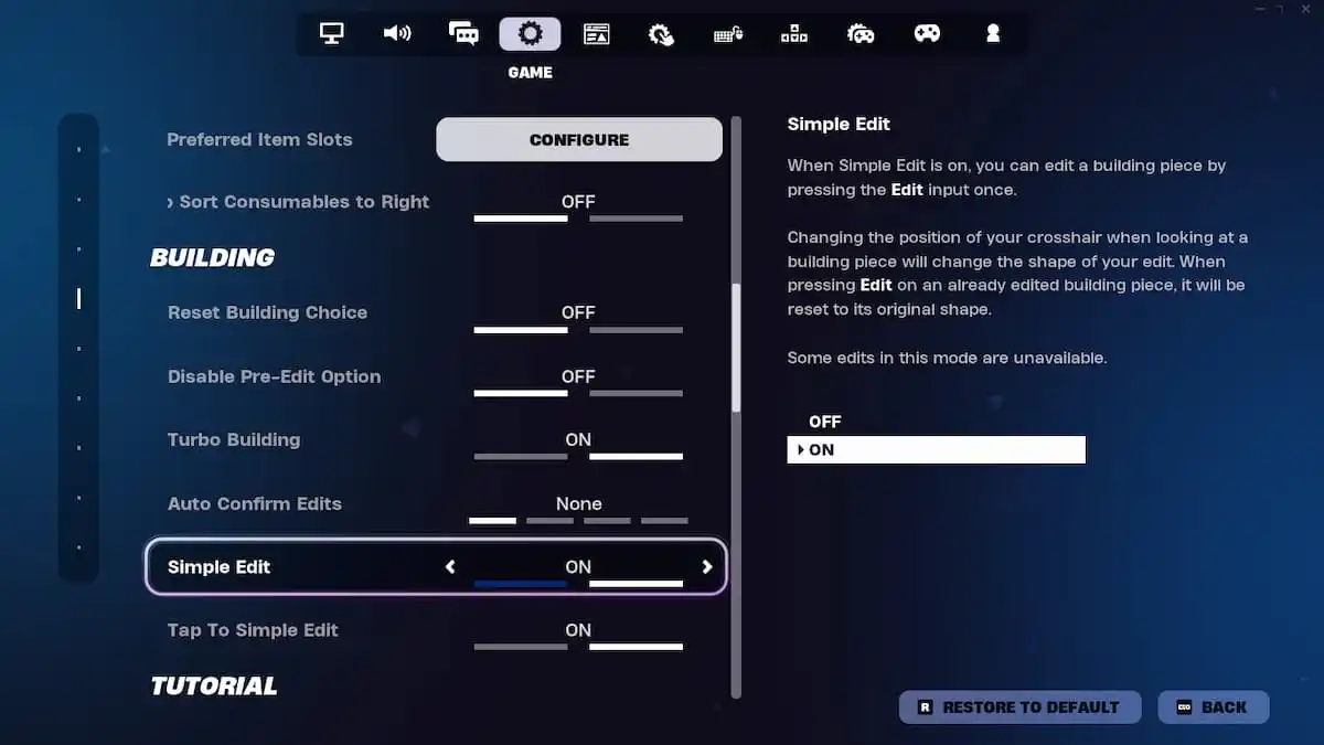 Fortnite edit controls menu screen