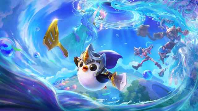 Cartoon penguin in magical landscape