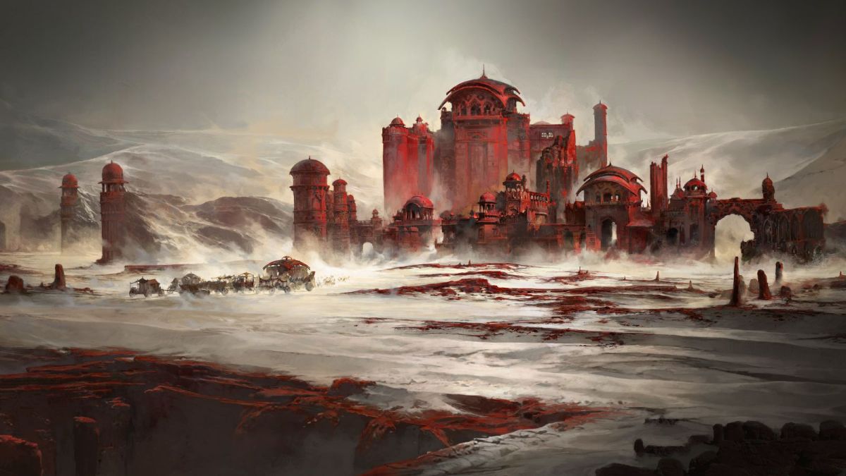 Red castle in dark fantasy setting