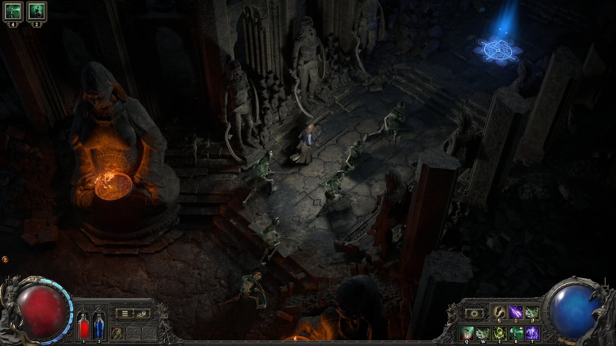 Witch exploring dark Path of Exile dungeon