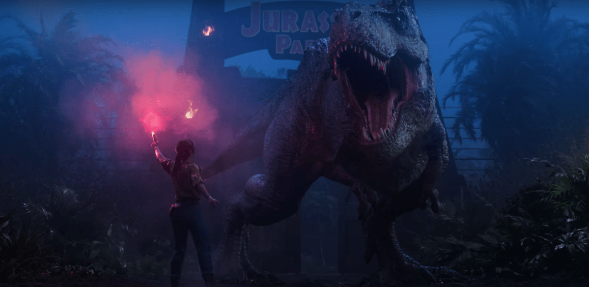 Woman confronts dinosaur with flare