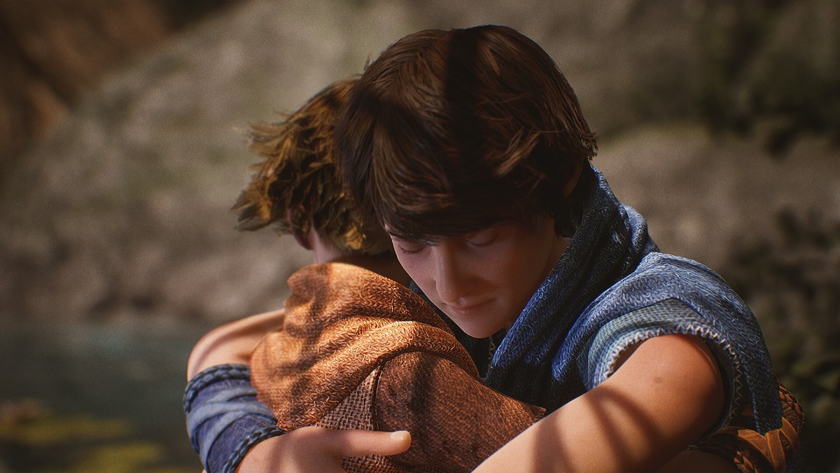 Two brothers embracing in game scene