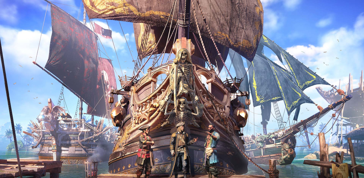 Three pirates aboard wooden ship