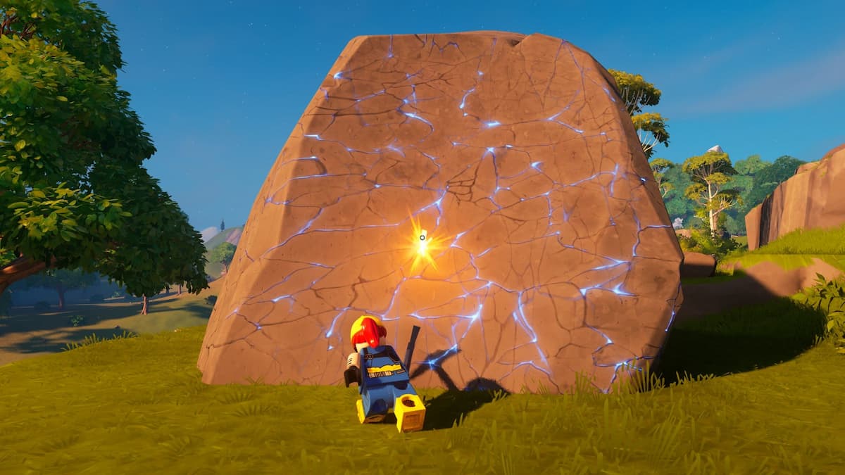 Glowing granite boulder in Lego Fortnite