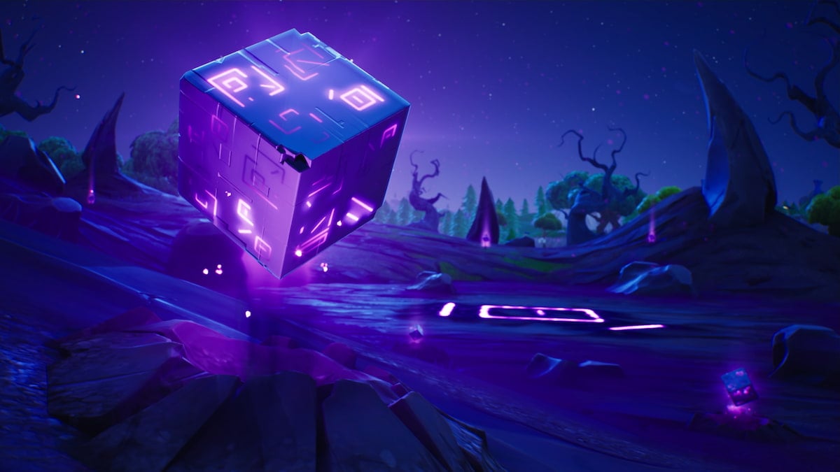 Purple cube in dark Fortnite landscape