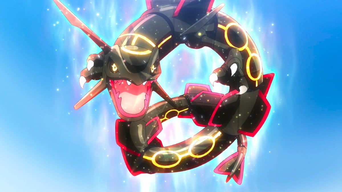 Shiny Rayquaza flying in anime scene