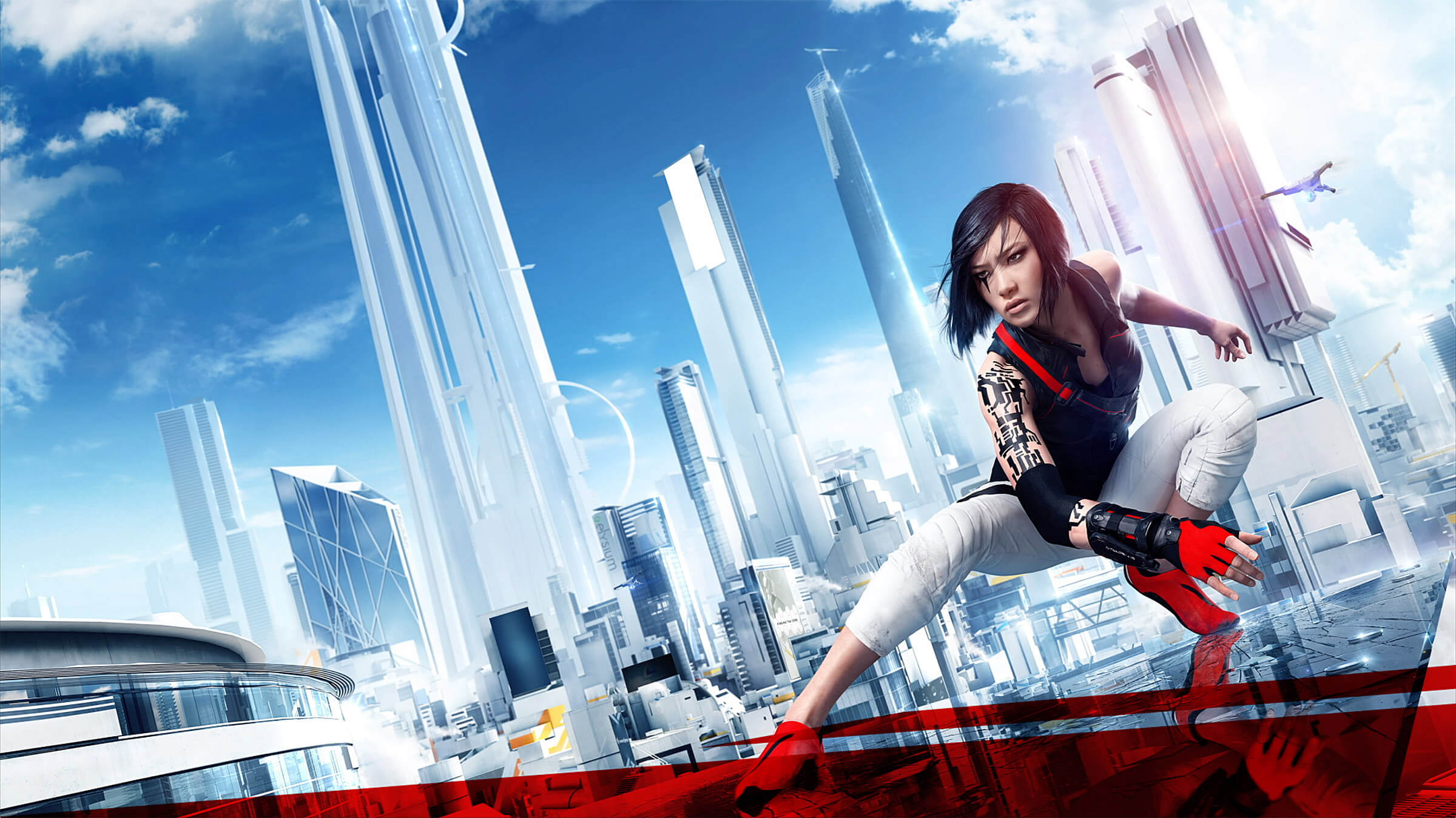 Woman crouching on futuristic building edge