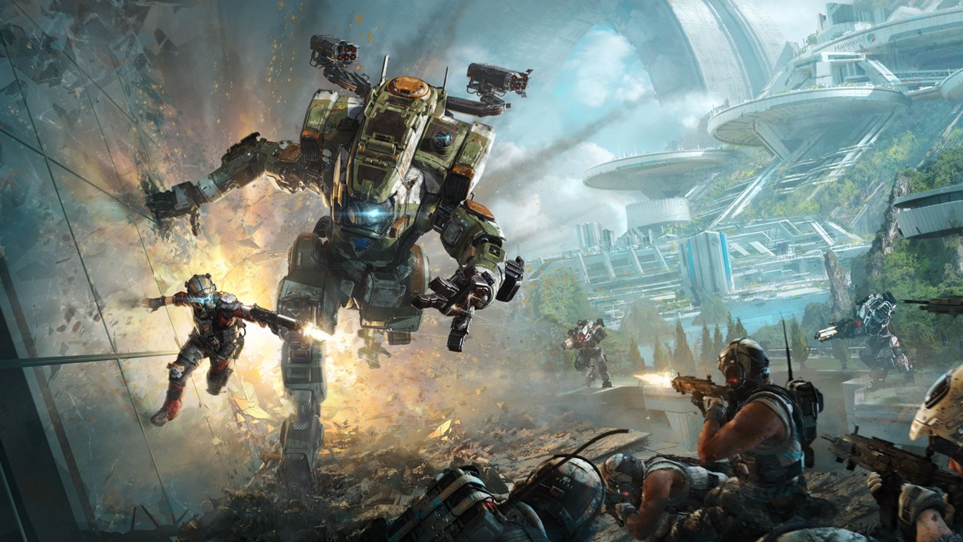 Titanfall mech battles with ground soldiers