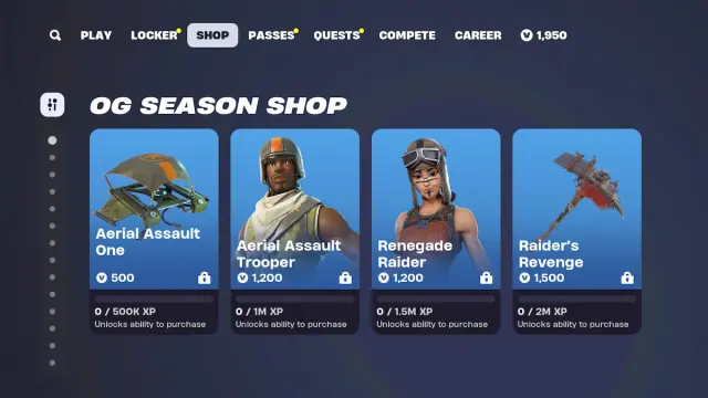 Fortnite OG Season Shop menu display