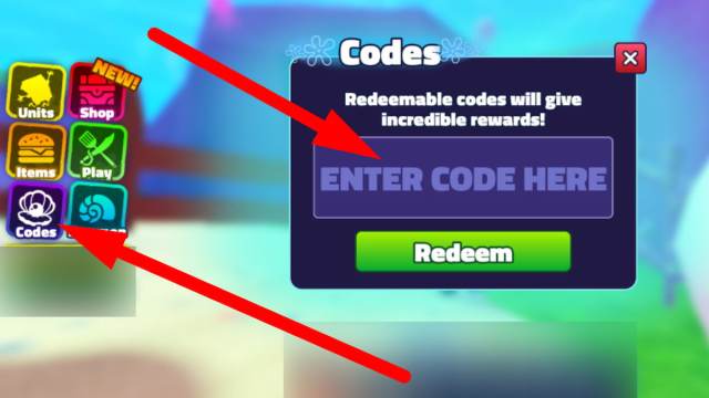 SpongeBob Tower Defense code redemption screen