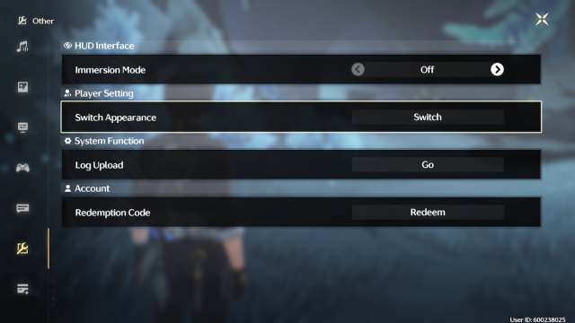 Character appearance settings menu