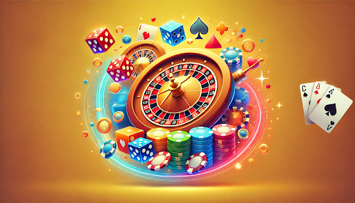 Roulette wheel with casino gaming items