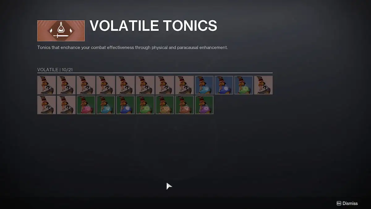 Destiny 2 Volatile Tonics Menu