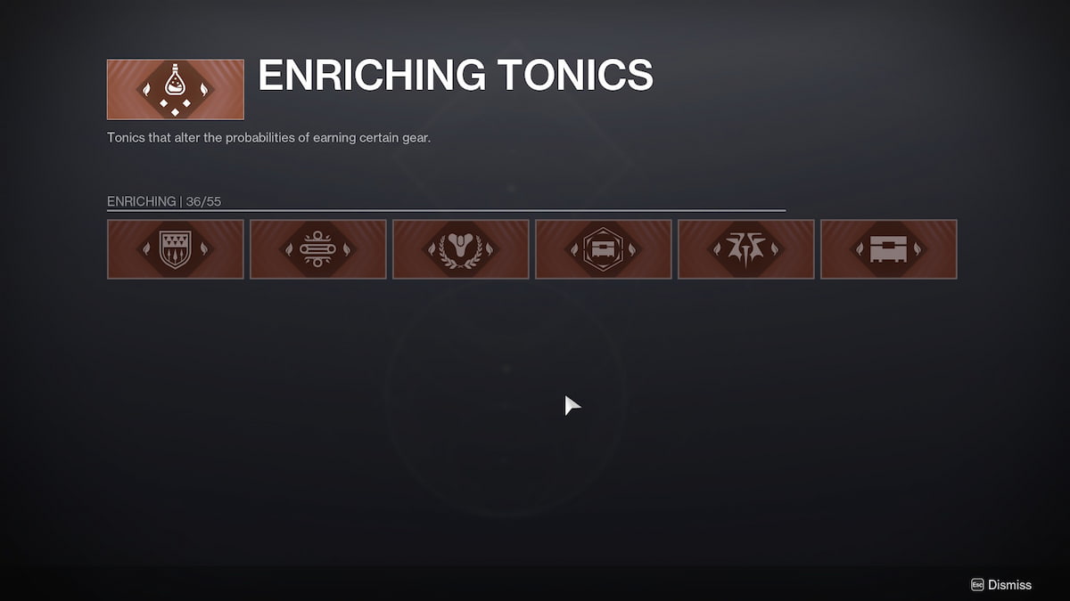 Destiny 2 Enriching Tonics Menu