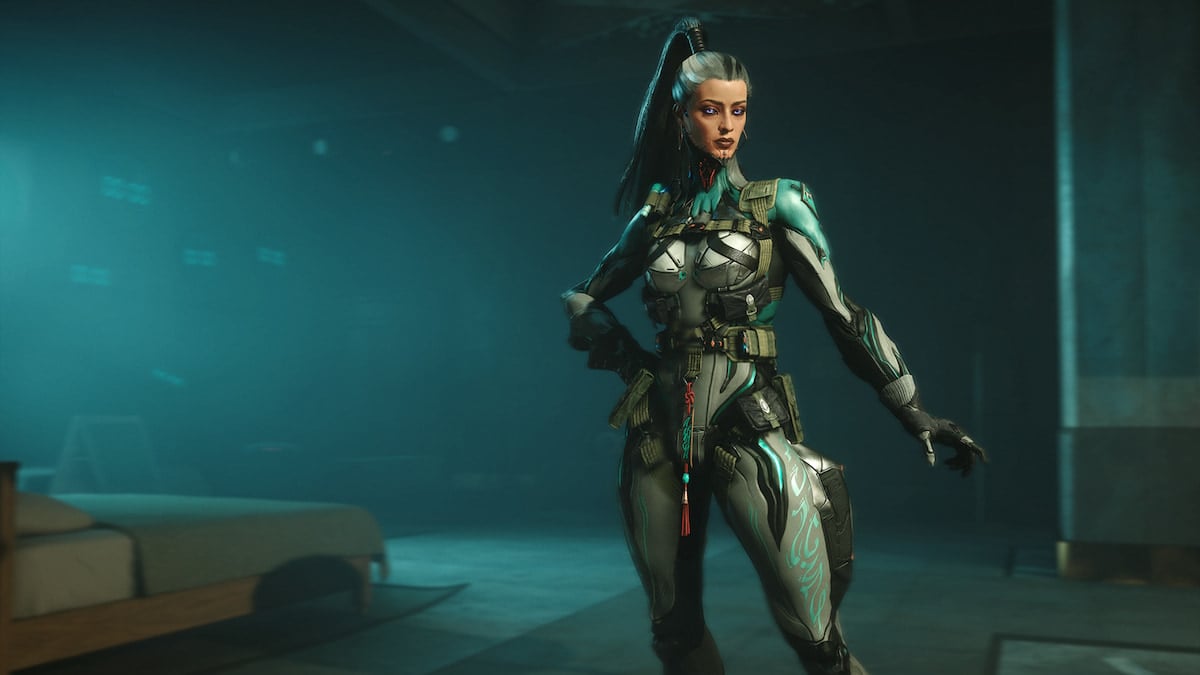 Futuristic Nyx Warframe character in combat pose