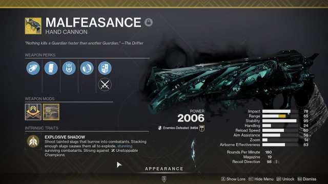 Malfeasance exotic handgun in Destiny 2