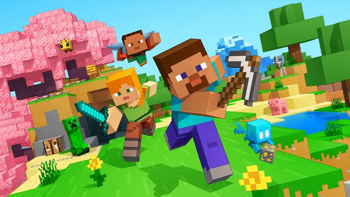 Minecraft characters in blocky landscape