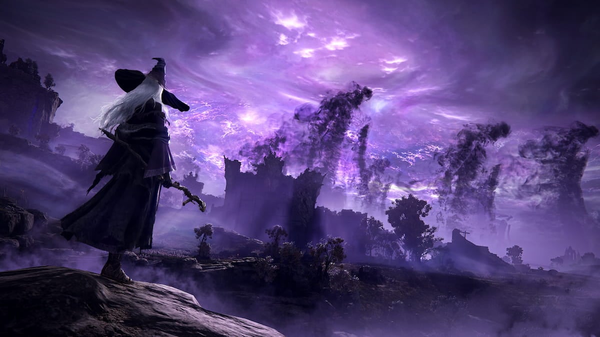 Character overlooks mystical purple landscape