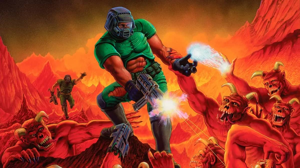 Doom marine battles demons with shotgun