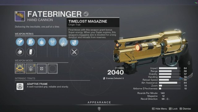 Fatebringer weapon stats display screen