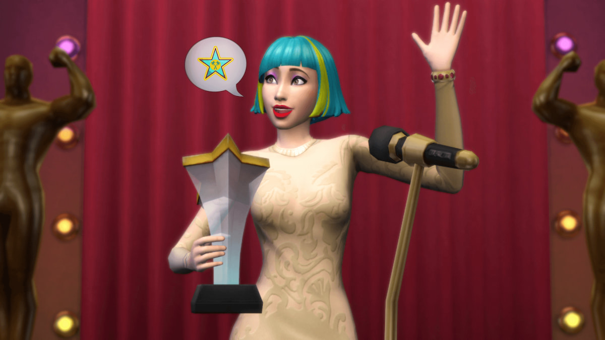 Sims 4 celebrity with award and microphone