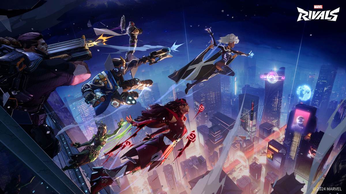 Marvel characters flying over city skyline