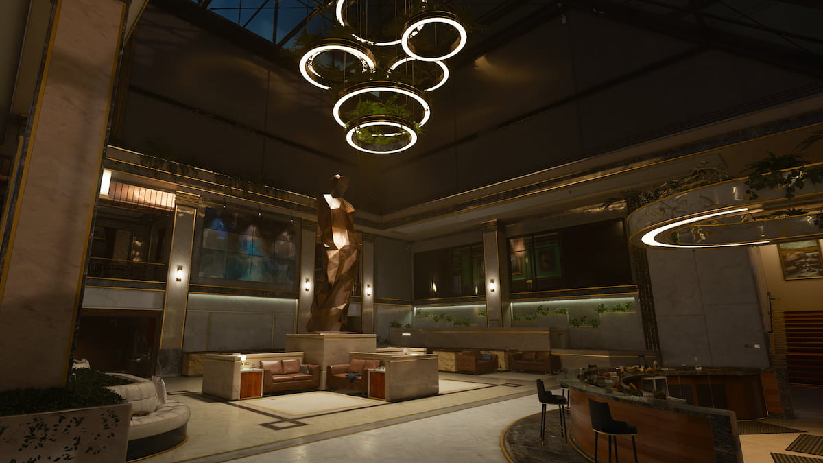 Modern lobby with central statue