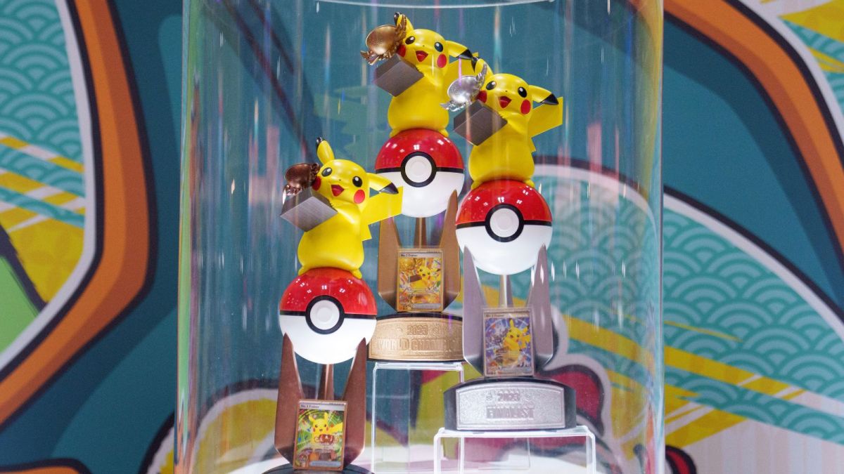 Pikachu trophies display in glass case