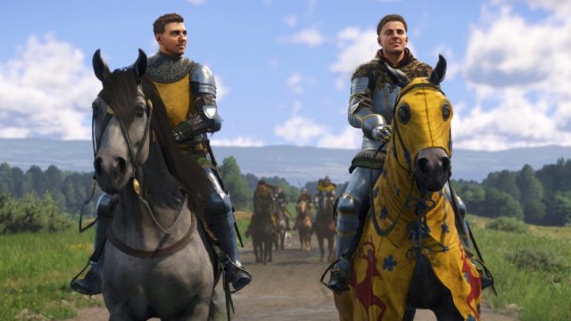 Two armored knights riding horses