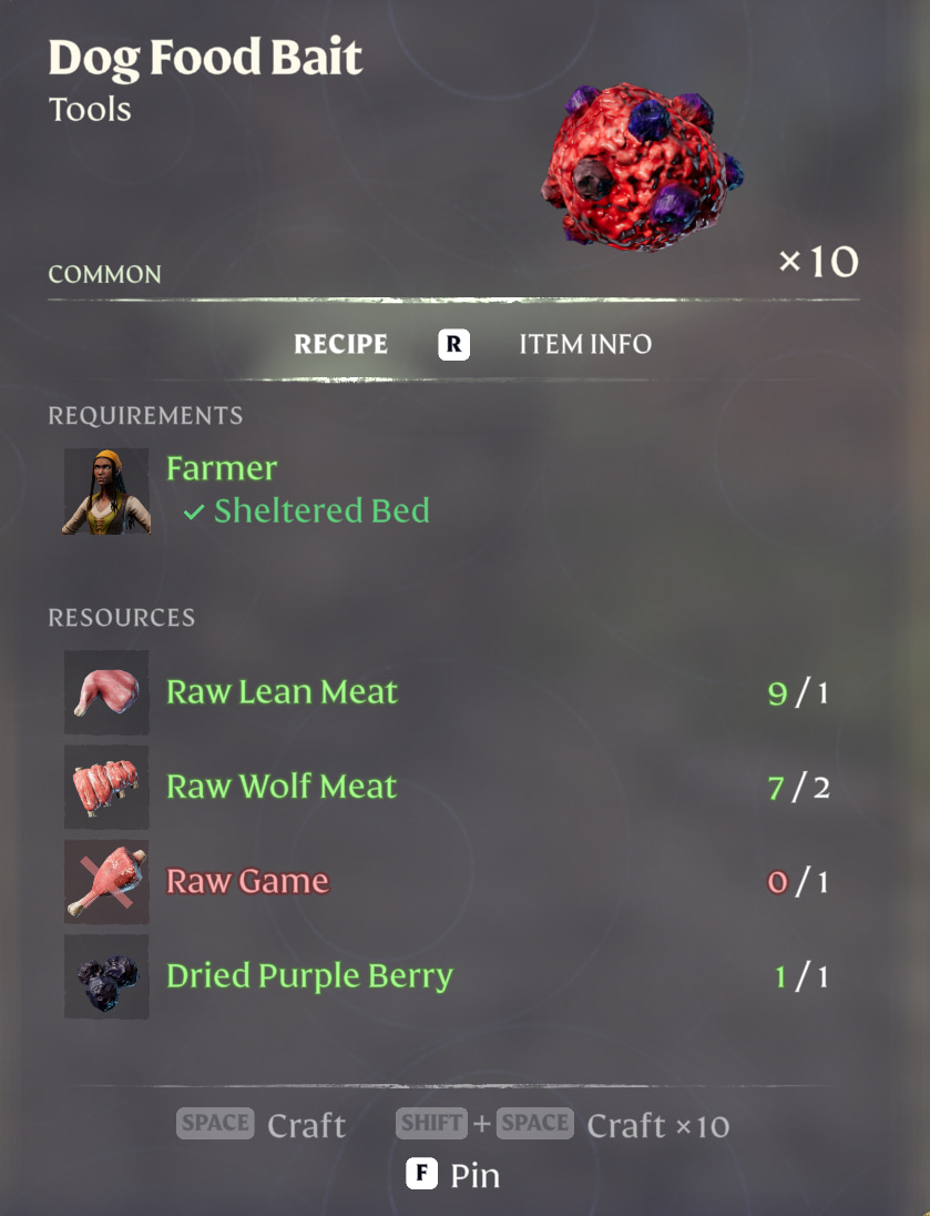 Crafting menu: Dog Food Bait recipe