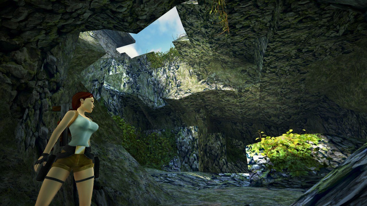 Lara Croft exploring dark cave