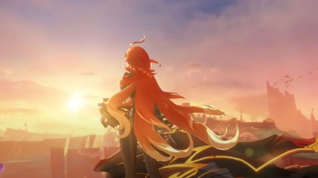 Genshin Impact character watching sunset