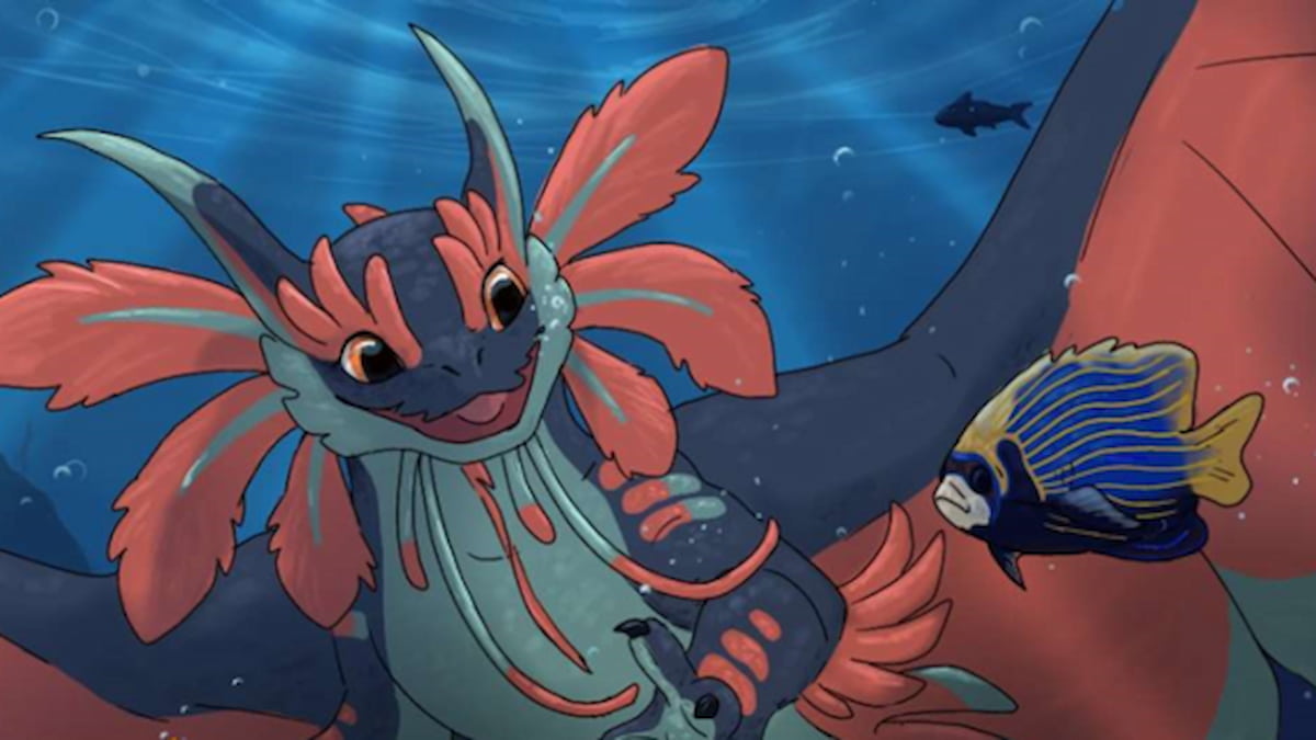 Cartoon dragon swimming with ocean fish