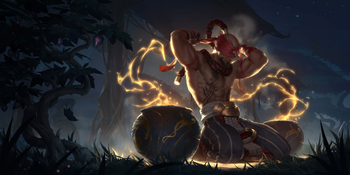 Shirtless man radiating mystical flames