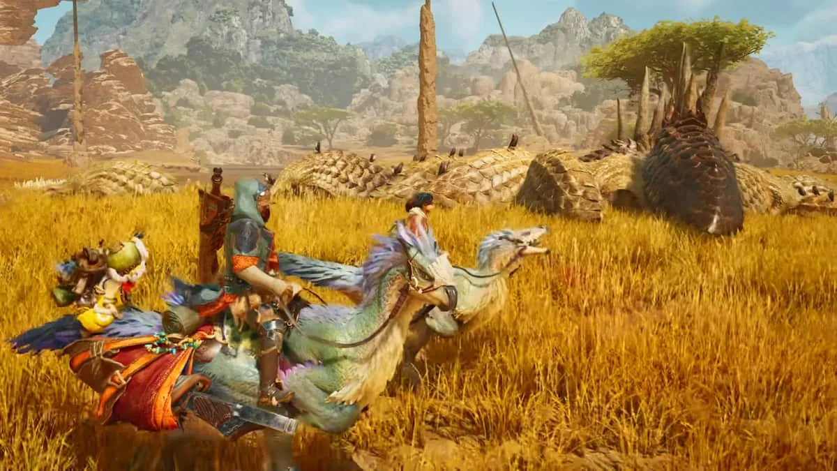 Characters riding fantasy mounts in game