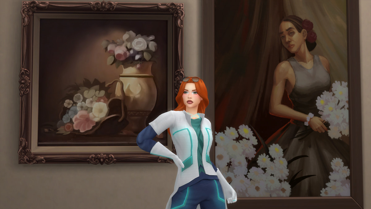 Sim standing before artwork display