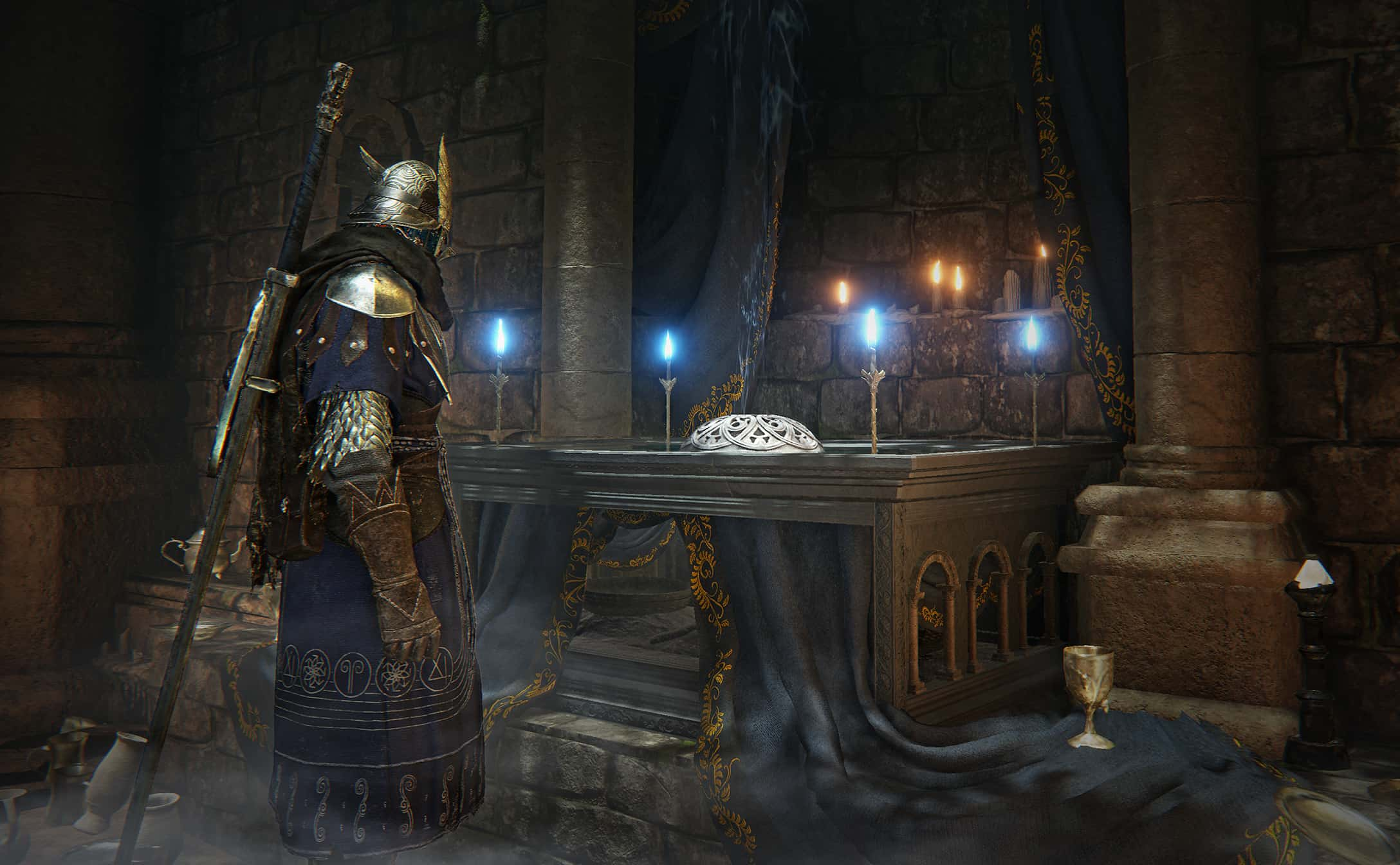 Knight standing in dimly lit chamber