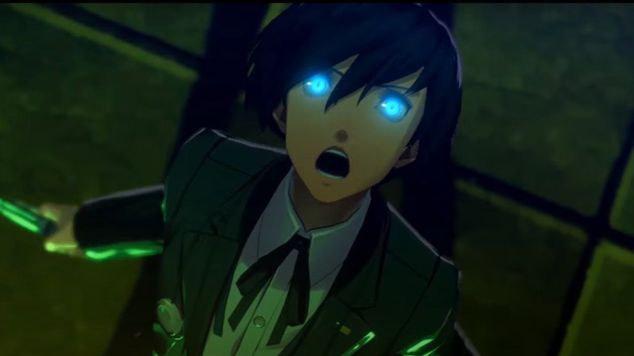 Persona character with glowing blue eyes