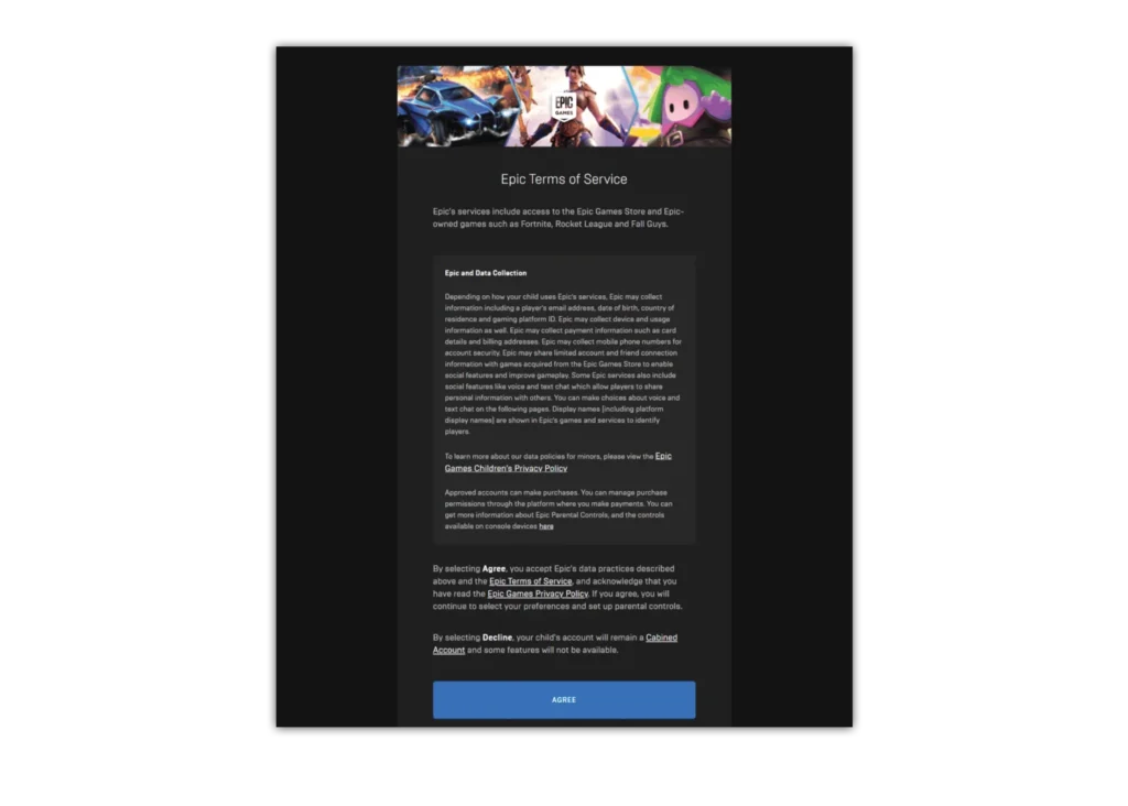 Epic Games terms of service screen