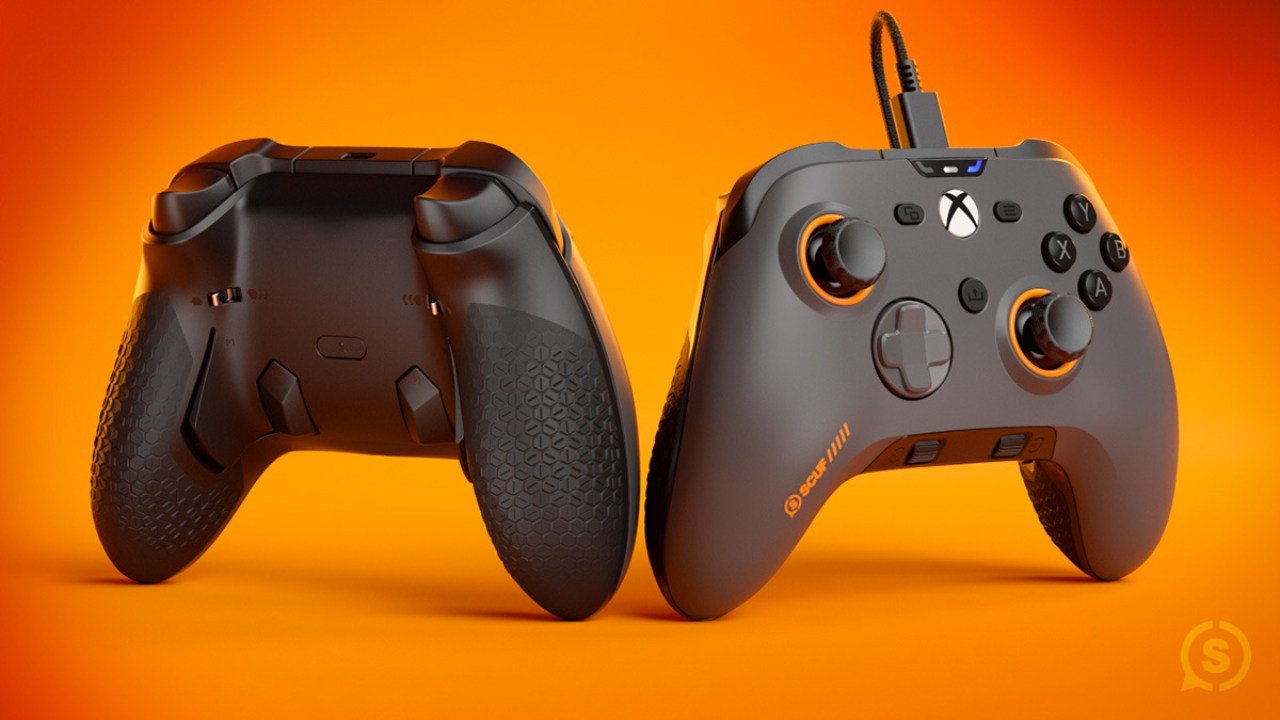 Black Xbox controller with orange trim