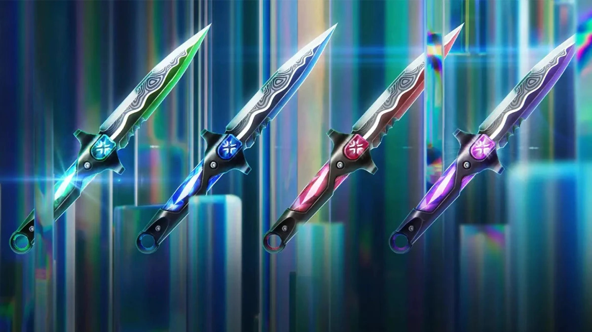 Four glowing Valorant weapon skins