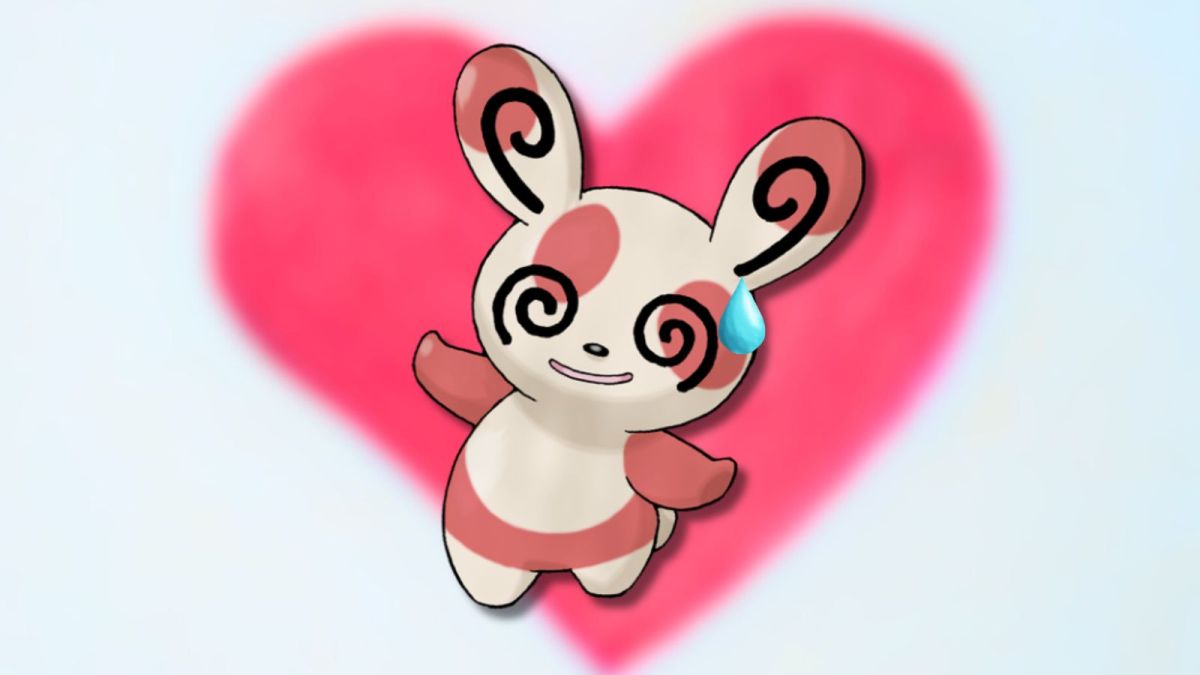 Spinda Pokemon on pink heart backdrop