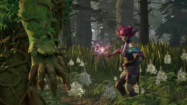 Pink-haired woman in fantasy forest