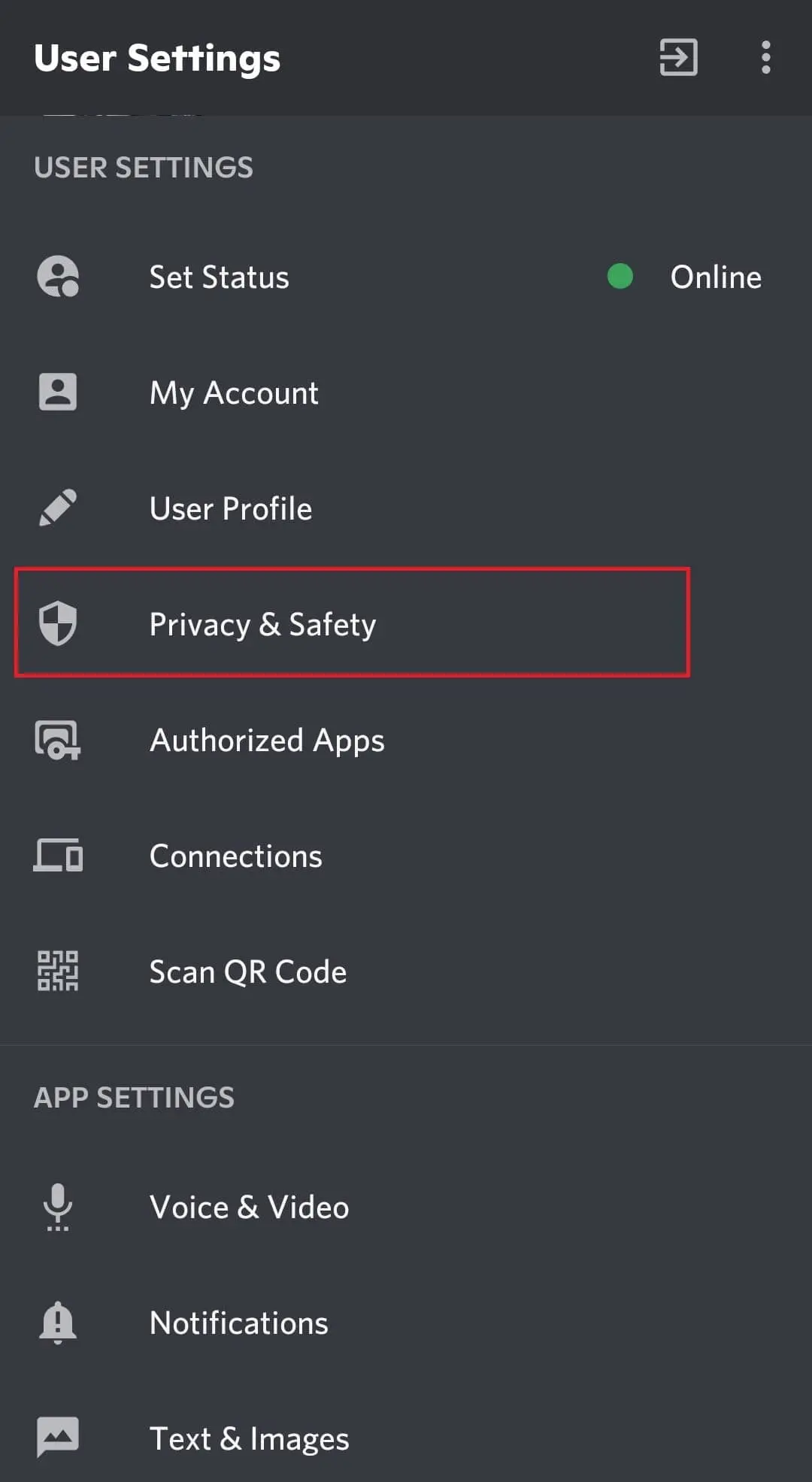 Highlighted option in settings menu